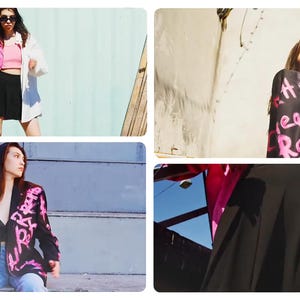 May include: Three photos of a person wearing different outfits with pink and black graffiti designs. The first photo shows a person wearing a pink jacket, a white shirt, and a black skirt. The second photo shows a person wearing a black jacket with pink graffiti designs and blue jeans. The third photo shows a person wearing a black skirt and a black jacket with pink graffiti designs.
