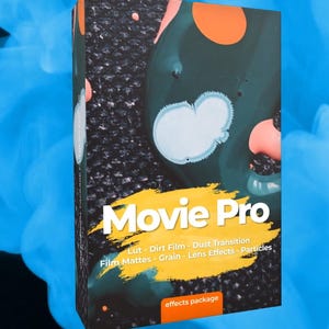 May include: A box with a colorful abstract design and the text "Movie Pro" on a yellow background. The text below says "Lut - Dirt Film - Dust Transition Film Mattes - Grain - Lens Effects - Particles effects package".