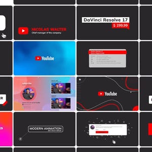Peut inclure: Un collage d'images présentant divers modèles de montage vidéo et de conception graphique. Les images présentent un logo YouTube rouge et blanc, un logo rouge et blanc avec le texte "NICOLAS WALTER", un logo rouge et blanc avec le texte "DaVinci Resolve 17" et un logo rouge et blanc avec le texte "Graphic Design Hacks".
