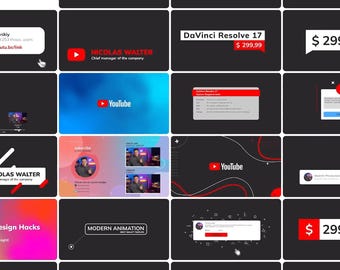 May include: A collage of images showcasing various video editing and graphic design templates. The images feature a red and white YouTube logo, a red and white logo with the text "NICOLAS WALTER", a red and white logo with the text "DaVinci Resolve 17", and a red and white logo with the text "Graphic Design Hacks".