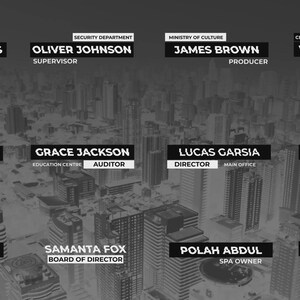 May include: A grayscale image featuring text overlays with names and job titles against a blurred cityscape background. The text includes names like Amyli Williams, Oliver Johnson, James Brown, and Victoria Lopez, with their respective roles.
