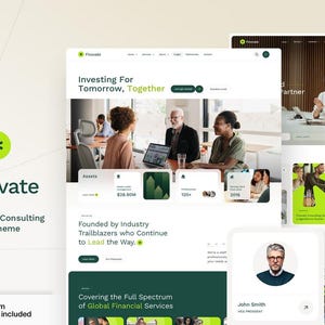 Op de afbeelding: Een website-ontwerp voor Finovate, een financieel en consulting WP-thema. Het ontwerp heeft een groen-witte kleurstelling, met afbeeldingen van mensen in zakelijke omgevingen. De tekst bevat "Investing For Tomorrow, Together" en "Financial & Consulting WP Theme".