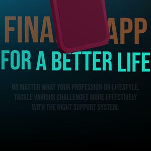May include: Image promoting a financial app with the text "FINA APP FOR A BETTER LIFE." A maroon phone case is in the upper right corner. The background is dark blue with additional text.