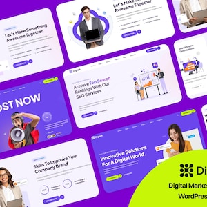 May include: A collection of website mockups with a purple and white color scheme. The mockups showcase digital marketing services, including SEO and branding. The Digtek logo and "Digital Marketing Agency WordPress Theme" text are visible.
