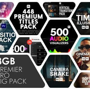 May include: A collage of hexagonal images showcasing various video editing effects and transitions for Adobe Premiere Pro and After Effects. The text "8GB Premiere Pro Big Pack" is featured in the center of the image.