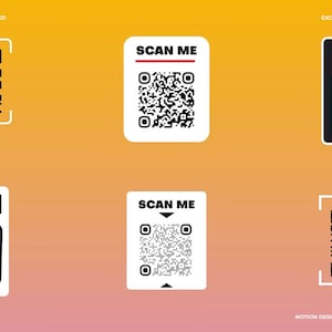 May include: Six QR codes are shown against an orange gradient background, each with the text "SCAN ME". The QR codes vary in design, featuring black and white patterns. Some have white borders, while others are set on black backgrounds.