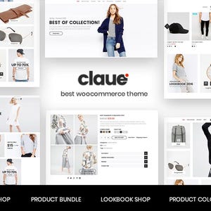 May include: A website layout showcasing various product categories, including clothing and accessories. The design features models, product displays, and promotional banners with text such as "BEST OF COLLECTION!" and "FLASH SALE". The website's logo is "claue best woocommerce theme".