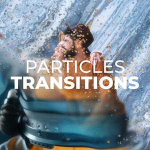 May include: An artistic image showing a person in armour with the words "PARTICLES TRANSITIONS" in white. The background has a blue and white swirling pattern with golden particles.