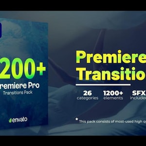 May include: A blue and green box with the text "1200+ Premiere Pro Transitions Pack" and a smaller green box with the text "envato". The box is in front of a blurry image of a person swimming in the ocean. The text "Premiere Pro Transitions" is in large, yellow letters on a blue background. Below the text are four smaller boxes with the text "26 categories", "1200+ elements", "SFX included", and "24/7 support".