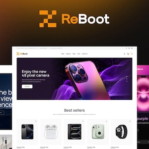 Può includere: Design del sito web che mostra una varietà di prodotti tecnologici. Il logo ReBoot è in alto. Il sito web presenta un telefono con una fotocamera da 48 pixel, AirPods, una fotocamera e uno smartwatch. Lo sfondo è una sfumatura di arancione e nero.