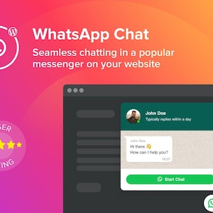 Może przedstawiać: Zrzut ekranu strony internetowej pokazujący okno czatu z zielonym logo WhatsApp i tekstem "Start Chat". Okno czatu wyświetla wiadomość od "John Doe", która brzmi: "Cześć. Jak mogę Ci pomóc?" Okno czatu pokazuje również zdjęcie profilowe Johna Doe i tekst "Zazwyczaj odpowiada w ciągu dnia".