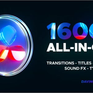 Könnte beinhalten: Eine Grafik mit einem blauen, roten und weißen Logo in einer Glassphäre. Der Text "1600+ ALL-IN-ONE" ist in einer bunten, stilisierten Schrift. Der Text "TRANSITIONS - TITLES - CALL OUTS SOUND FX - TYPOGRAPHY" befindet sich unter dem Haupttext. Der Text "WORKS WITH DAVINCI RESOLVE 19" befindet sich am unteren Rand der Grafik.