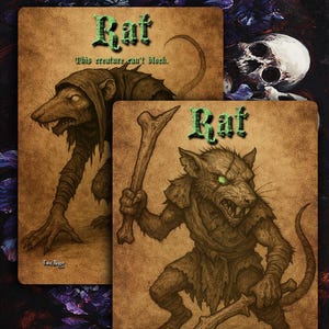 May include: Double-sided fantasy art cards featuring rat-like creatures. One card shows a rat in a hooded cloak, the other a rat with a bone club and sword. The cards have the word "Rat" in green, and the text "This creature can't block."