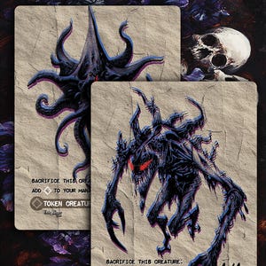 May include: Double-sided fantasy art card featuring a dark creature with red eyes and sharp claws. The card has the text "DOUBLE SIDED!" and instructions to sacrifice the creature to add to your mana pool. The card is labeled "TOKEN CREATURE - ELDRAZI SCION".