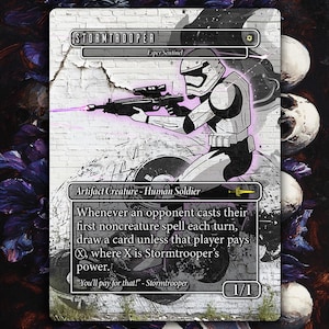 May include: A white and black illustration of a Stormtrooper from Star Wars on a white brick wall background. The Stormtrooper is holding a blaster rifle and has a purple laser beam coming out of the barrel. The text "STORMTROOPER" is at the top of the card, and the text "Esper Sentinel" is below it. The text "Artifact Creature - Human Soldier" is below the image. The text "Whenever an opponent casts their first noncreature spell each turn, draw a card unless that player pays X, where X is Stormtrooper's power." is below the text "Artifact Creature - Human Soldier". The text "You'll pay for that!" - Stormtrooper is below the text. The text "1/1" is in the bottom right corner of the card.
