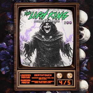 May include: A digital art print featuring a card with the text "THE LICH KING" and "SHEOLDRED THE APOCALYPSE". The card depicts a skeletal figure in a dark cloak, framed in a vintage TV. The card has the text "LEGENDARY CREATURE PHYREXIAN PRAETOR" and "DEATHTOUCH".