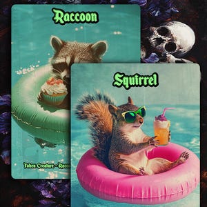 May include: A double-sided rectangular game card featuring a raccoon on a green pool float with a cupcake and a squirrel on a pink pool float wearing green sunglasses and holding a drink. The text reads DOUBLE SIDED, Raccoon, Squirrel, Token Creature-Raccoon, Token Creature-Squirrel, and 1/1.