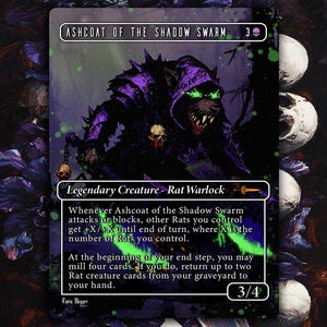 May include: A Magic: The Gathering card featuring "Ashcoat of the Shadow Swarm," a Rat Warlock. The card art depicts a menacing rat-like creature in purple and black, with green eyes. The card has a 3/4 power/toughness and is set against a dark, floral background.