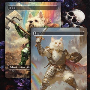May include: Double-sided fantasy art cards featuring a dog and a cat as token creatures. The dog is depicted as a warrior with an axe, and the cat is a knight with a sword. The cards have a rainbow and castle background.