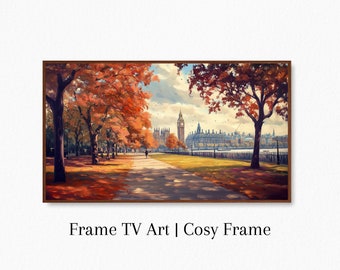 May include: A framed painting of a picturesque autumn scene in London. The painting features a path lined with trees with vibrant red and orange leaves, leading towards the iconic Big Ben and the Houses of Parliament. The scene is bathed in warm sunlight, creating a sense of tranquility and beauty.