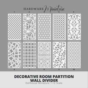 May include: Ten different designs for decorative room partition wall dividers for dollhouses. The dividers are made of white material and are in a 1:12 scale.