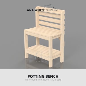 May include: A wooden potting bench miniature for dollhouses, inspired by Ana White. The bench has a back, a shelf, and a top surface. It is made of light wood and is 1:12 scale.
