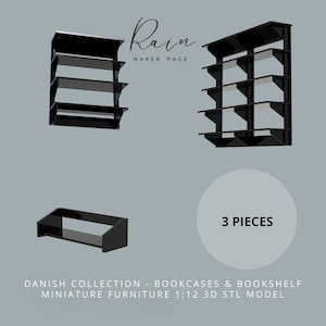 Miniature Danish Style Bookcase And Book Shelf (3 Furniture Files) Furniture, Dollhouse Furniture,  Miniature Book Case  | 3D STL File