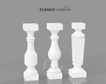 Miniatuur balkonbalusters voor poppenhuis - 3 ontwerpen, poppenhuis balkonbalusters, miniatuur poppenhuis tuinmeubilair, 3D STL-bestand