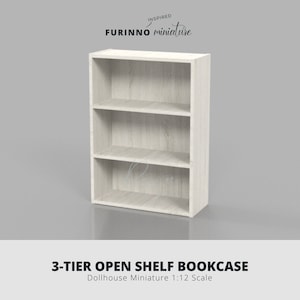 May include: A white 3-tier open shelf bookcase, inspired by Furinno miniature, for dollhouses in 1:12 scale.