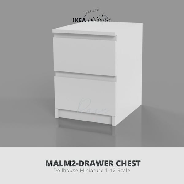 Miniature Ikea-Inspired MALM 2-Drawer Chest for 1:12 DOLLHOUSE, Ikea Dollhouse Furniture, Dollhouse Chest of drawers, 3D STL File