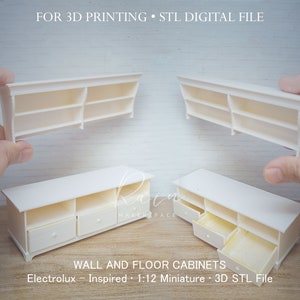May include: White wall and floor cabinets for 3D printing. The cabinets are 1:12 scale and inspired by Electrolux. STL digital file.