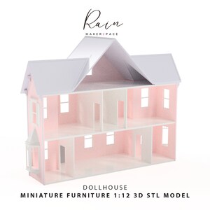 May include: A pink and white dollhouse model with an open design, showcasing interior rooms and windows. The roof is white, and the text "Rain MAKER2PACE" is at the top. The text "DOLLHOUSE MINIATURE FURNITURE 1:12 3D STL MODEL" is at the bottom.