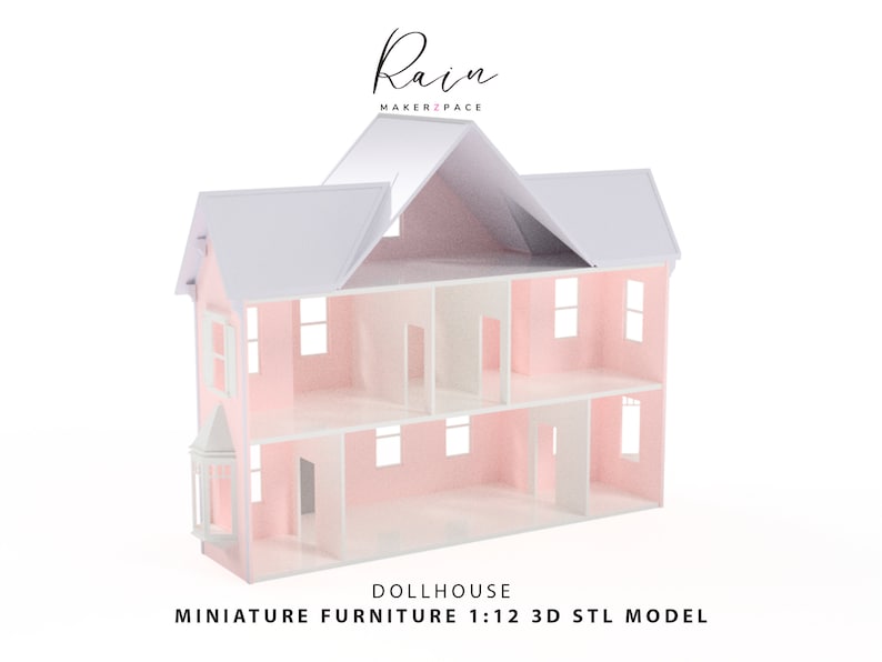 May include: A pink and white dollhouse model with an open design, showcasing interior rooms and windows. The roof is white, and the text "Rain MAKER2PACE" is at the top. The text "DOLLHOUSE MINIATURE FURNITURE 1:12 3D STL MODEL" is at the bottom.