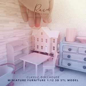 May include: A miniature dollhouse scene with a pink house, table, chair, and dresser. The scene includes a bookshelf, a small tub, and a bowl. The text "CLASSIC DOLLHOUSE MINIATURE FURNITURE 1:12 3D STL MODEL" is visible.
