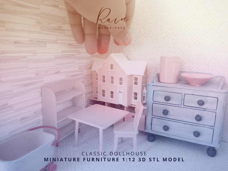 May include: A miniature dollhouse scene with a pink house, table, chair, and dresser. The scene includes a bookshelf, a small tub, and a bowl. The text "CLASSIC DOLLHOUSE MINIATURE FURNITURE 1:12 3D STL MODEL" is visible.