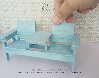 Miniature Side By Side Patio Chair, Miniature Double Chair Bench With Table, Mini Outdoor Furniture, 3D STL File