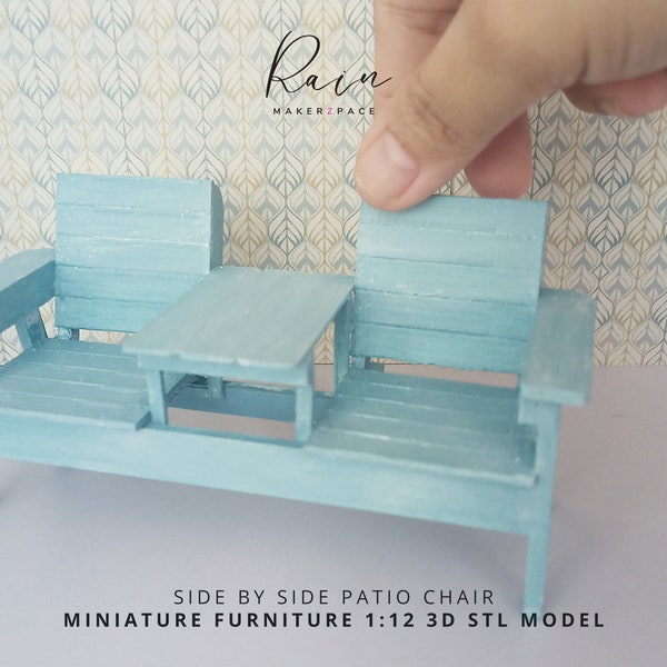Chaise de terrasse miniature côte à côte, chaise double miniature avec banc avec table, mini mobilier d'extérieur, fichier 3D STL