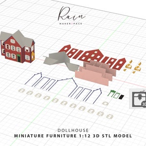 May include: A 3D rendering of a dollhouse miniature furniture set. The image shows a red house with a gray roof, along with other architectural components. The text "Rain MAKERZPACE" is at the top, and "3D PRINT LAYOUT" is in the bottom right.