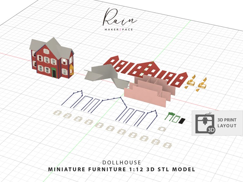 May include: A 3D rendering of a dollhouse miniature furniture set. The image shows a red house with a gray roof, along with other architectural components. The text "Rain MAKERZPACE" is at the top, and "3D PRINT LAYOUT" is in the bottom right.