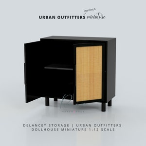 May include: Black cabinet with a woven rattan door and a shelf inside. Inspired by Urban Outfitters. Delancey Storage Dollhouse Miniature 1:12 Scale.