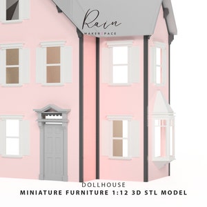 May include: A pink dollhouse model with white window shutters and a gray roof. The dollhouse has multiple windows and a front door. Text on the image reads "Rain Maker Space" and "DOLLHOUSE MINIATURE FURNITURE 1:12 3D STL MODEL".