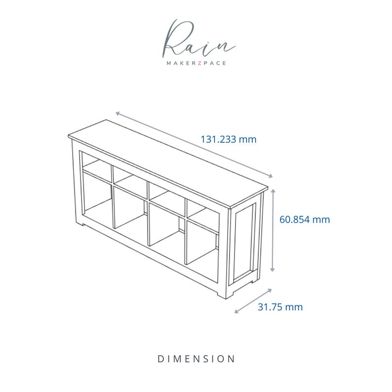 May include: Line drawing of a rectangular storage cabinet with eight cubby holes. The cabinet is 131.233 mm long, 60.854 mm high, and 31.75 mm deep. The text "Rain MAKERZPACE" is in the upper left corner, and "DIMENSION" is at the bottom.