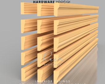 May include: A collection of miniature wooden interior casings in various designs. The casings are light brown and feature detailed molding. Text on the image reads "Inspired Hardware Miniature" and "Interior Casings Dollhouse Miniature 1:12 Scale."