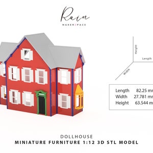May include: A red dollhouse with white shutters and a gray roof. The miniature house has a green door and a yellow bay window. The dimensions are: Length 82.25 mm, Width 27.781 mm, Height 63.544 mm. The text says "DOLLHOUSE MINIATURE FURNITURE 1:12 3D STL MODEL".