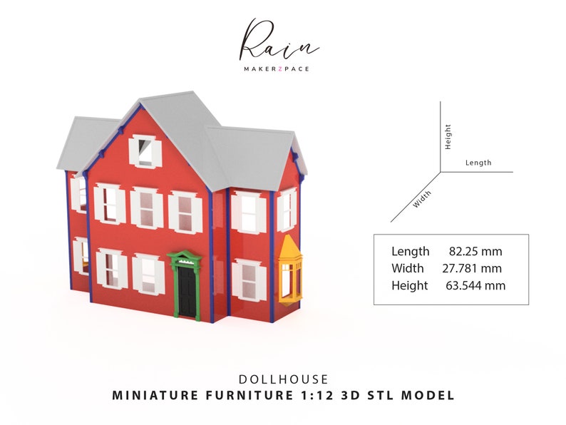 May include: A red dollhouse with white shutters and a gray roof. The miniature house has a green door and a yellow bay window. The dimensions are: Length 82.25 mm, Width 27.781 mm, Height 63.544 mm. The text says "DOLLHOUSE MINIATURE FURNITURE 1:12 3D STL MODEL".