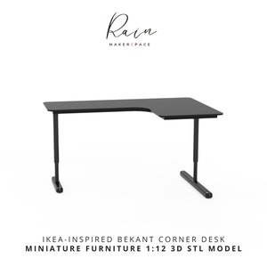 K&ouml;nnte beinhalten: Schwarzer Ecktisch mit h&ouml;henverstellbaren Beinen. IKEA-inspirierter Bekant Ecktisch Miniaturm&ouml;bel 1:12 3D STL Modell.