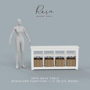 May include: A white sofa back table with eight cubby holes, four of which contain brown baskets. The table is labeled "SOFA BACK TABLE" and "MINIATURE FURNITURE 1:12 3D STL MODEL". The logo "Rain MAKER PACE" is at the top.