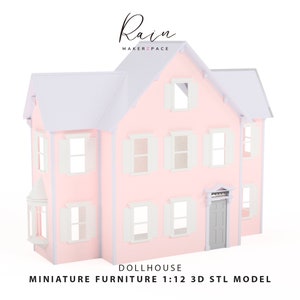 May include: A pink dollhouse with white trim, shutters, and roof. The dollhouse has multiple windows and a front door. The text "Rain Maker Space" is at the top, and "DOLLHOUSE MINIATURE FURNITURE 1:12 3D STL MODEL" is at the bottom.