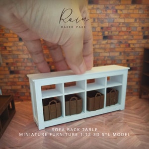May include: A white miniature sofa back table with eight cubby holes, each containing a brown basket. The table is labeled "SOFA BACK TABLE MINIATURE FURNITURE 1:12 3D STL MODEL."