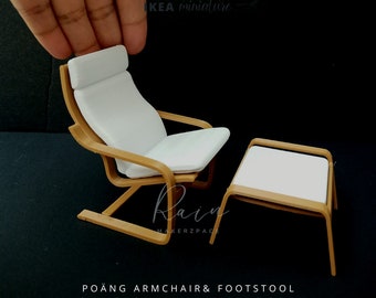 Miniatur Ikea-inspirierter Poäng Sessel und Fußhocker für 1:12 Puppenhaus, Mini Poang Stuhl, Miniatur Stuhl für Puppenhaus, 3D STL Datei
